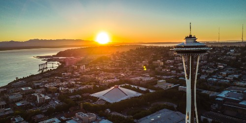 Seattle Sunset over Puget Sound with Space Needle in the foreground